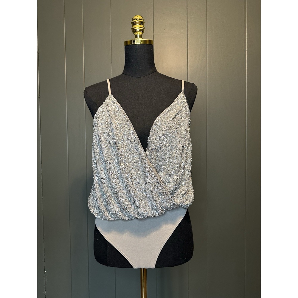 NWT Express Tank Bodysuit Grey Beige Greige Sparkly XS Extra Small